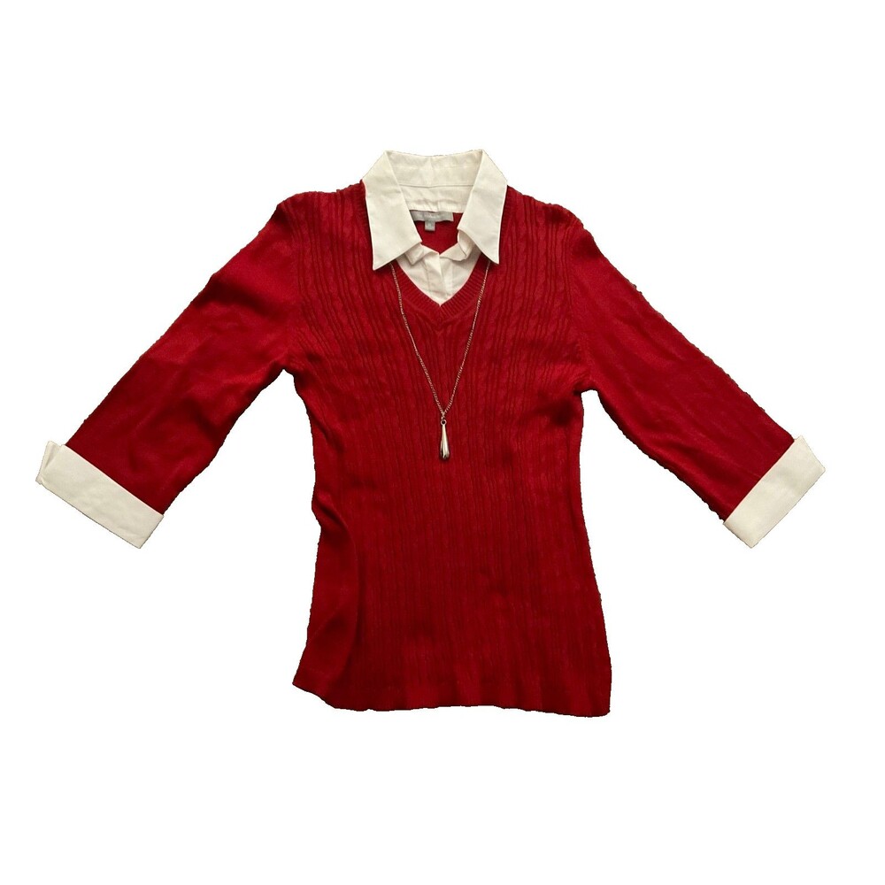 NY Collection Collared Top Shirt Women’s VNeck Medium Red
